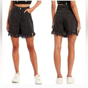 Gianni Bini High Rise Wide Leg Distressed Raw Fringe Hem Shorts in Black.